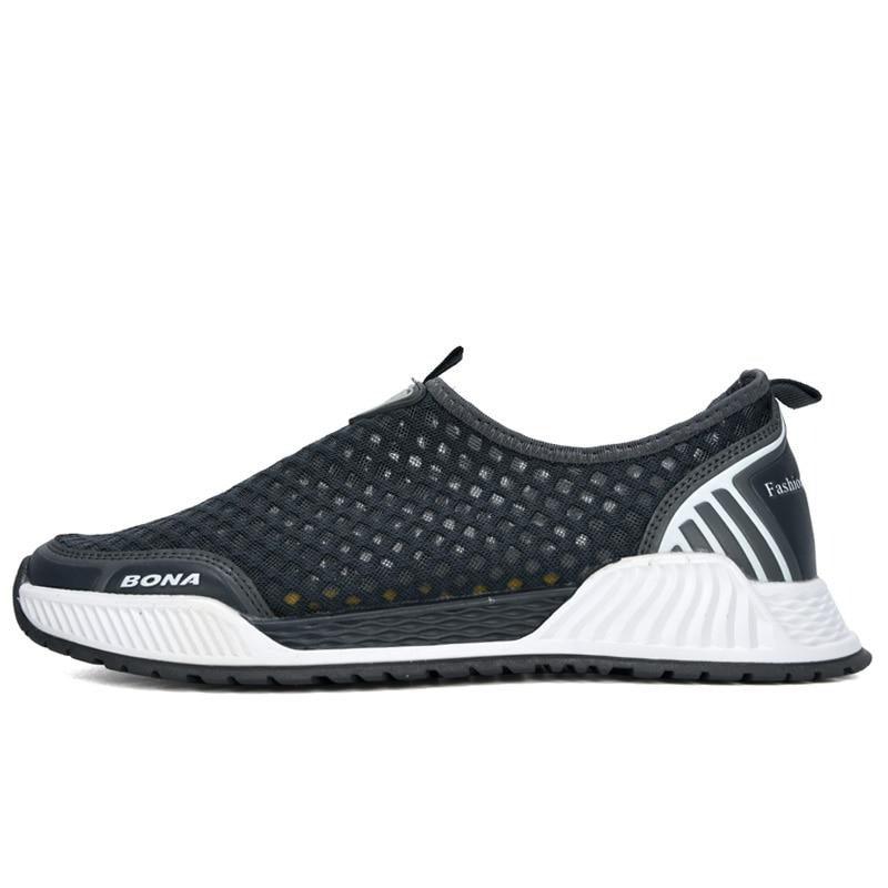 Men's breathable mesh sneakers, black slip-on with white cushioned midsole, BONA branding on Tampa Home & Garden Store