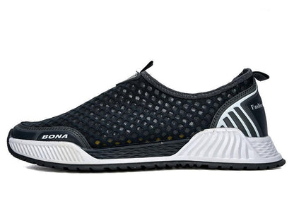 Mens breathable mesh sneakers by BONA with black upper, slip-on design and white sole on Tampa Home & Garden Store