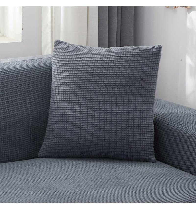 Stevvex gray elastic sofa slipcover with grid-textured fabric on chaise lounge on Tampa Home & Garden Store