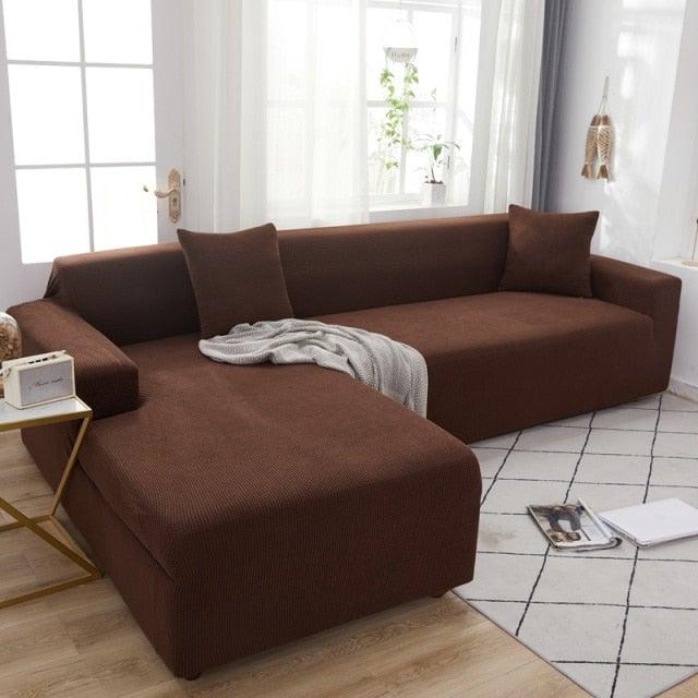 Elegant elastic sofa cover set for L-shaped sectional in brown fabric by Stevvex on Tampa Home & Garden Store