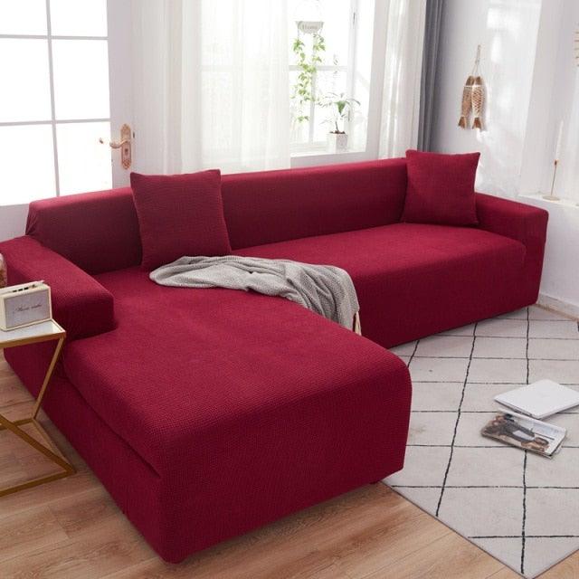 Stevvex elastic sofa cover set for L-shaped chaise sectional in red fabric on Tampa Home & Garden Store