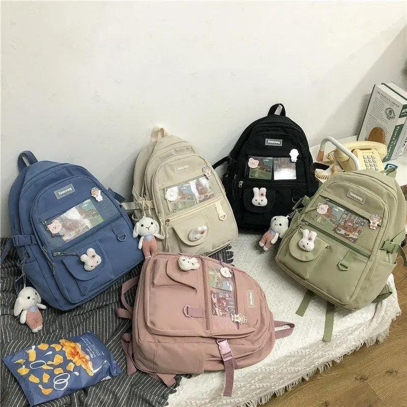 Stevvex elegant female school backpack five ALU92982UVW with clear pocket and bunny charms on Tampa Home & Garden Store