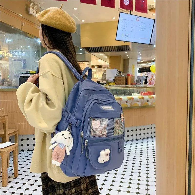Stevvex Elegant Female Backpack blue school backpack with mesh pocket and plush keychains on Tampa Home & Garden Store