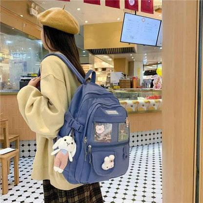 Stevvex Elegant Female Backpack blue school backpack with mesh pocket and plush keychains on Tampa Home & Garden Store
