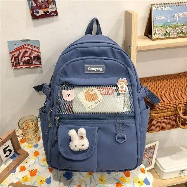 Stevvex blue school backpack ALU92982UVW for teens with mesh front pocket and bunny charm on Tampa Home & Garden Store