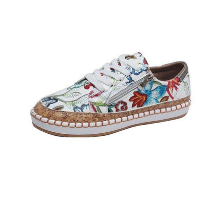 Elegant floral sneakers Stevvex lace-up white round-toe cork-stitched midsole on Tampa Home & Garden Store