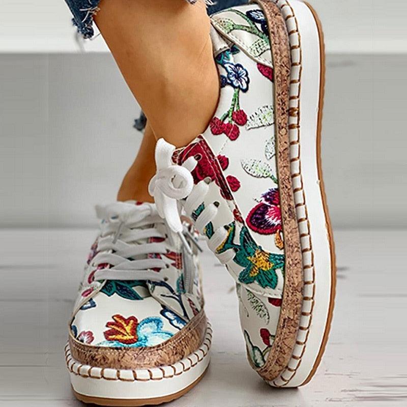 Elegant Floral Womens Sneakers by Stevvex, floral print lace-up with cork-trim sole on Tampa Home & Garden Store
