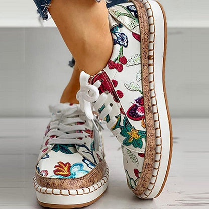 Elegant Floral Womens Sneakers by Stevvex, floral print lace-up with cork-trim sole on Tampa Home & Garden Store