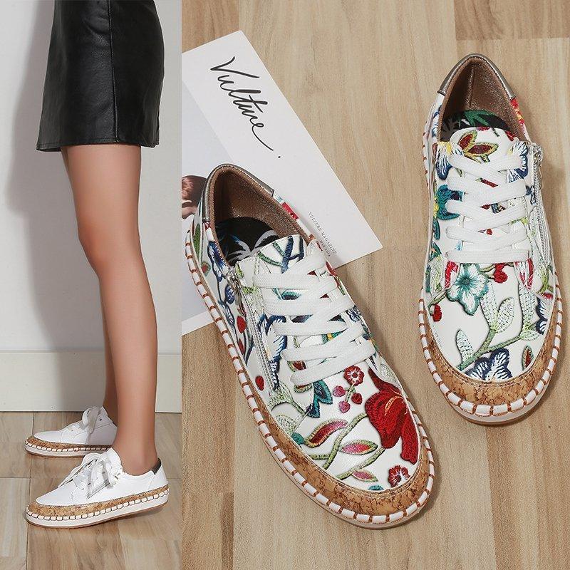 Stevvex Elegant Floral Sneakers white floral printed lace-up casual shoes with cork sole on Tampa Home & Garden Store
