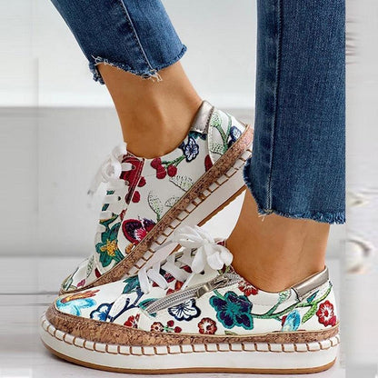 Stevvex floral women's sneakers, lace-up, round toe, colorful flower print, cork sole on Tampa Home & Garden Store
