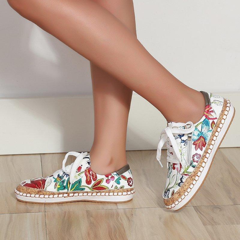 Stevvex Floral Womens Sneakers white canvas with tropical print, lace-up round toe pair on Tampa Home & Garden Store