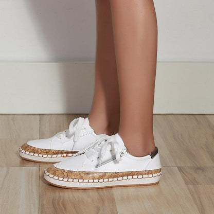 White Stevvex sneakers with cork-sole and white laces, casual lace-up walking shoes for women on Tampa Home & Garden Store