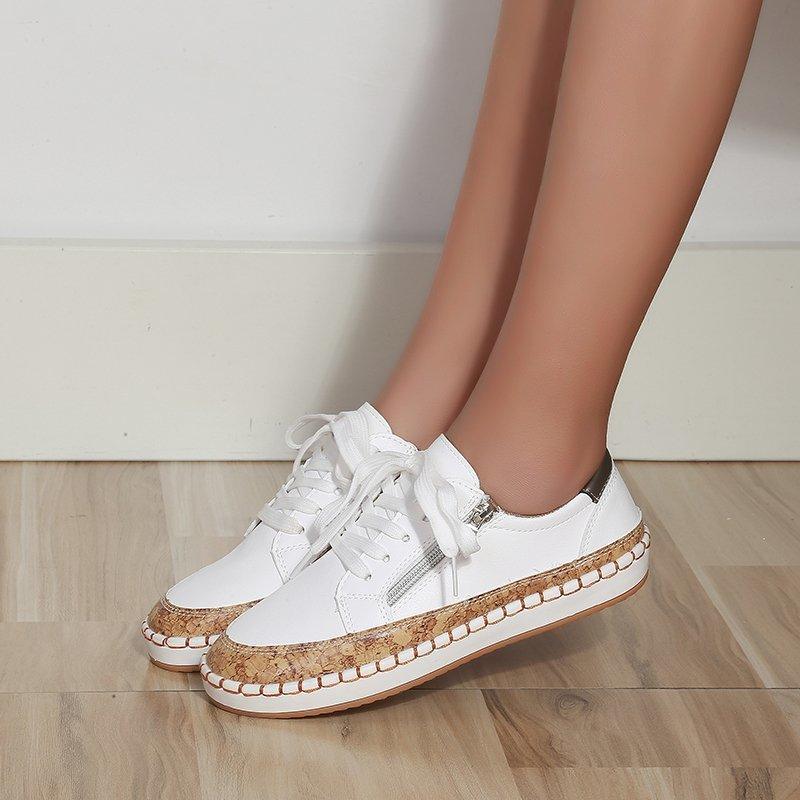 Stevvex white lace-up sneakers with cork sole, white upper, round toe, casual walking shoes on Tampa Home & Garden Store