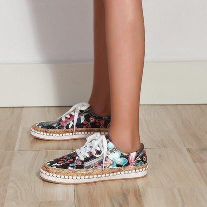 Stevvex floral print sneakers lace up round toe platform casual walking shoes on Tampa Home & Garden Store