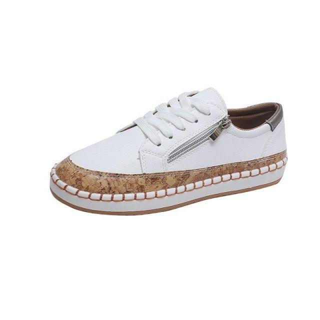 Stevvex white lace-up sneakers with cork-trim midsole and side zip detail on Tampa Home & Garden Store