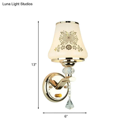 Gold crystal tapered glass wall light sconce with beige shade Decorbites on Tampa Home & Garden Store