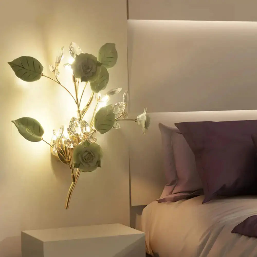 Elegant Gold Branch Wall Lamp With White Rose