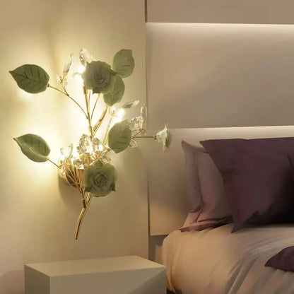 Elegant Gold Branch Wall Lamp With White Rose