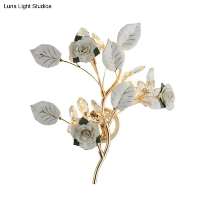 Elegant Gold Branch Wall Lamp With White Rose