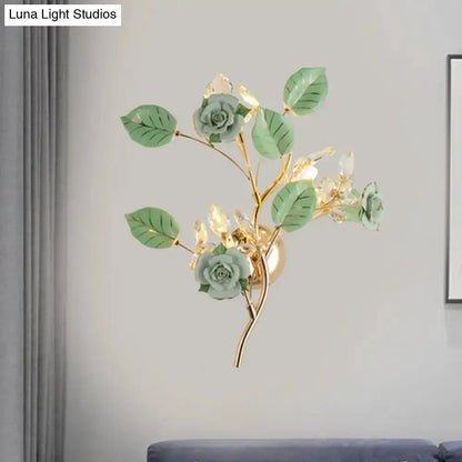 Elegant Gold Branch Wall Lamp With White Rose