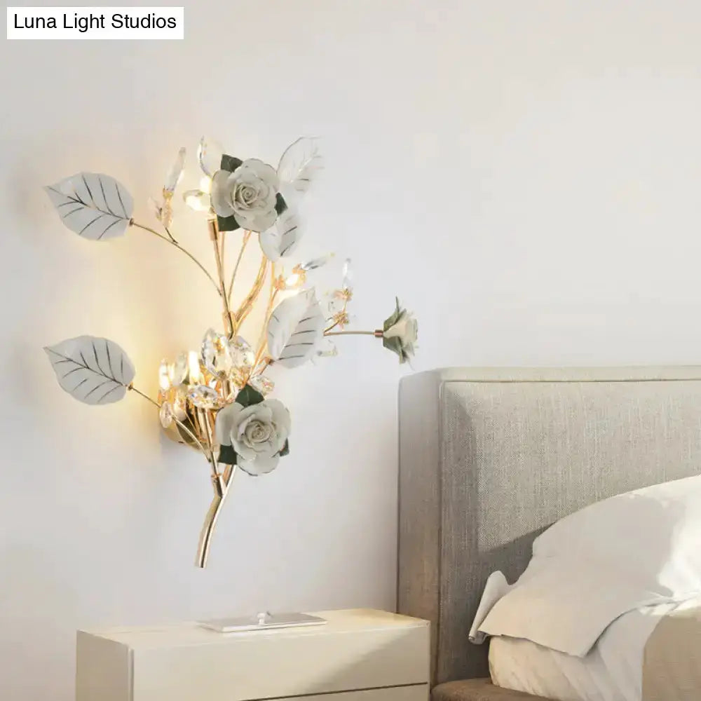 Elegant Gold Branch Wall Lamp With White Rose