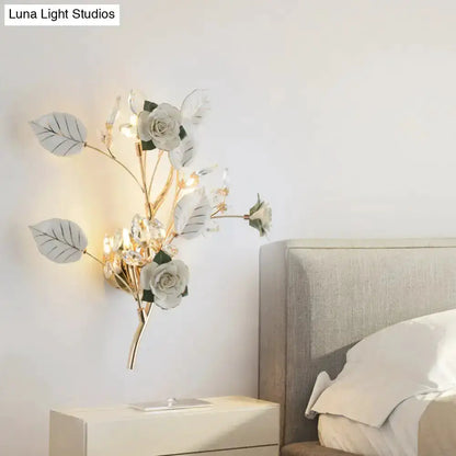 Elegant Gold Branch Wall Lamp With White Rose