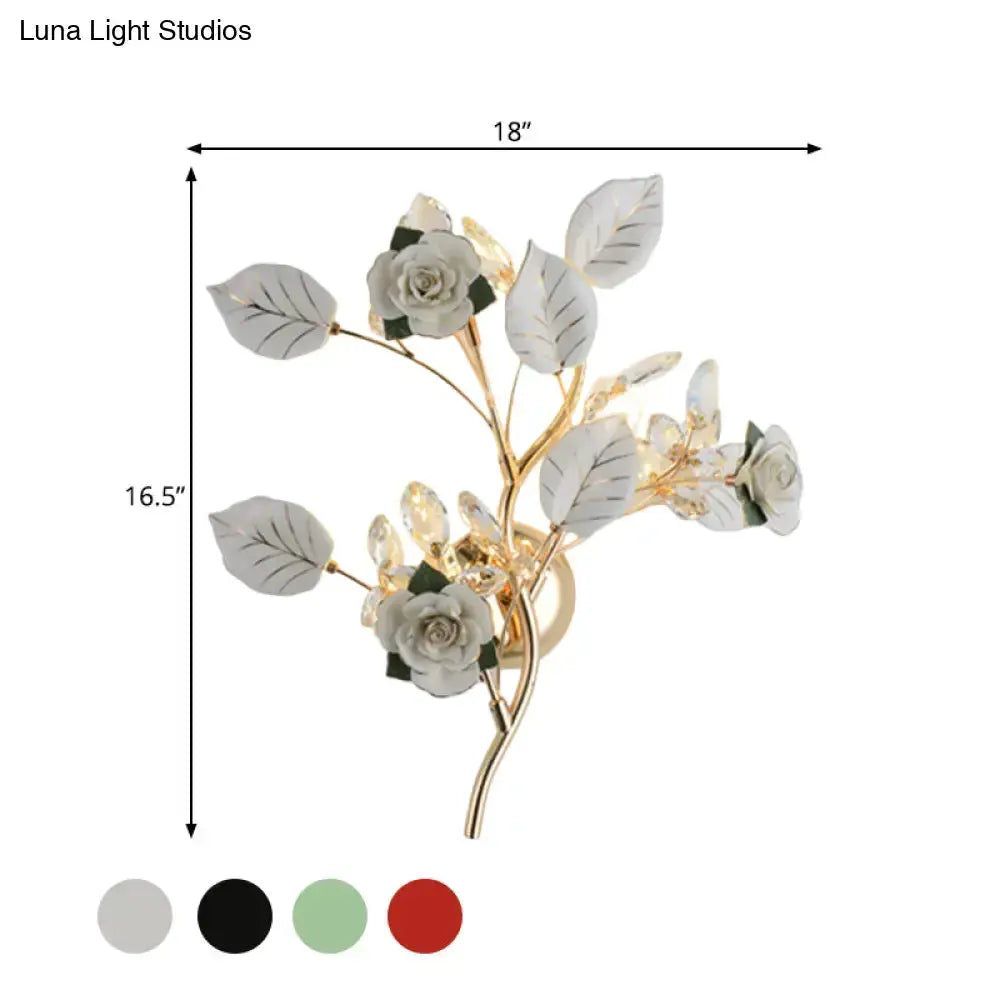 Elegant Gold Branch Wall Lamp With White Rose