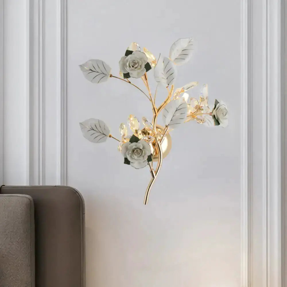 Elegant Gold Branch Wall Lamp With White Rose