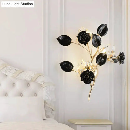 Elegant Gold Branch Wall Lamp With White Rose