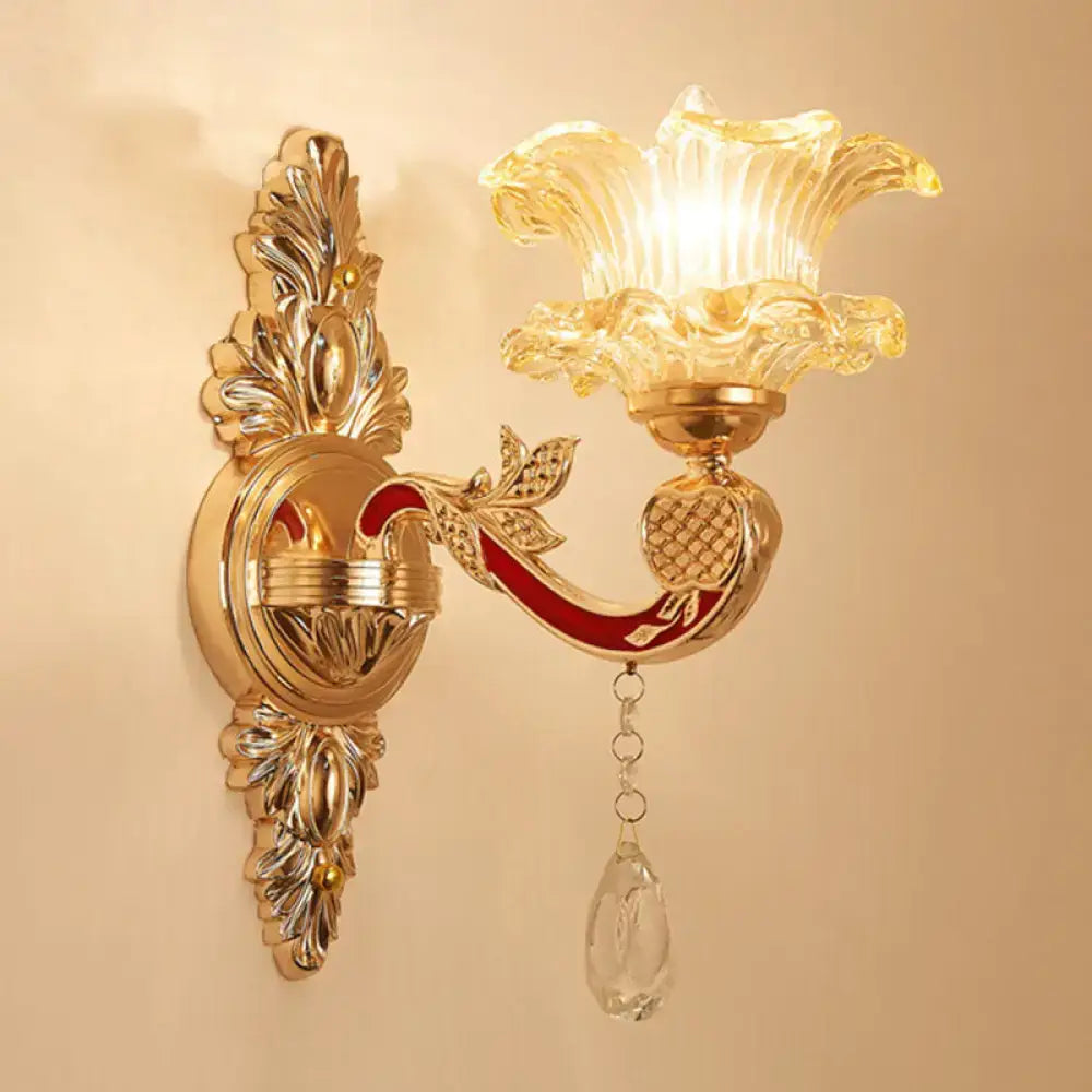 Decorbites elegant gold scrolled arm wall sconce with crystal shade on Tampa Home & Garden Store