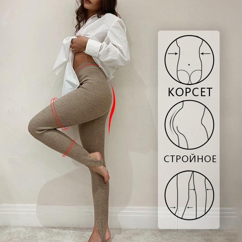 Leggings Stevvex beige high-waist ribbed cotton fitness pants for women, seamless push-up on Tampa Home & Garden Store