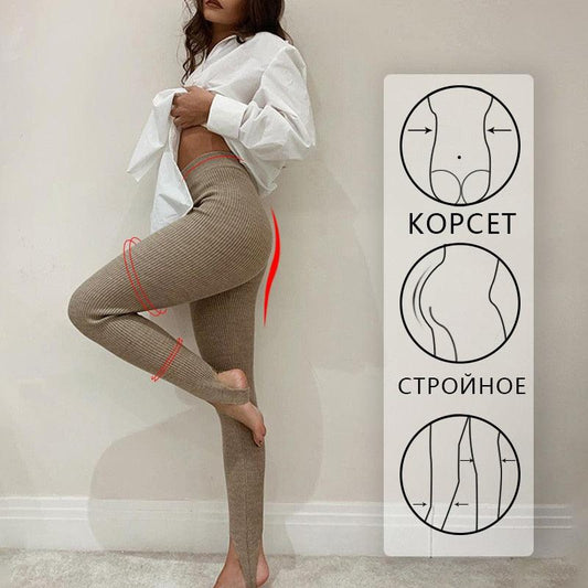 Leggings Stevvex beige high-waist ribbed cotton fitness pants for women, seamless push-up on Tampa Home & Garden Store
