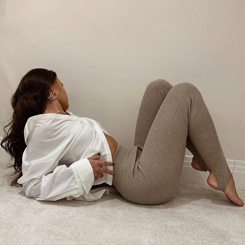 Leggings Stevvex beige high-waist ribbed knit, seamless skinny fit on Tampa Home & Garden Store