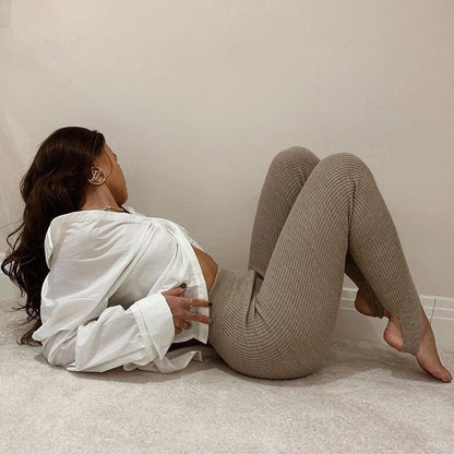 Leggings Stevvex beige high-waist ribbed knit, seamless skinny fit on Tampa Home & Garden Store