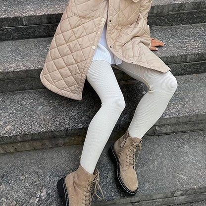 Stevvex high waist cotton fitness leggings in cream ribbed knit, seamless push-up design on Tampa Home & Garden Store