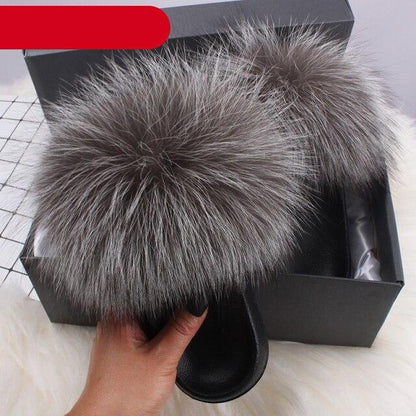 Indoor Fox Fur Slides for Women Eva Soft Sole