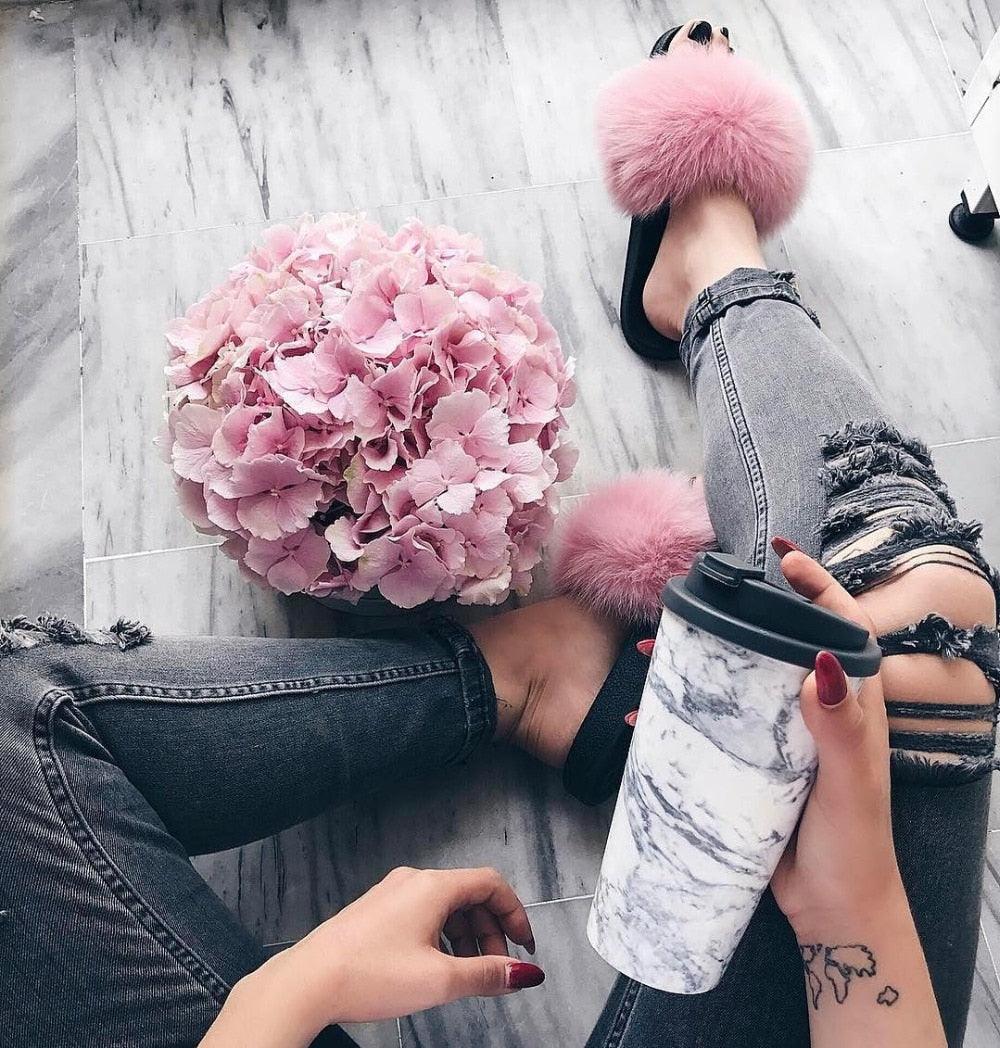 Indoor Fox Fur Slides for Women Eva Soft Sole
