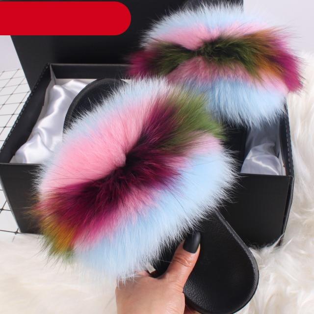 Indoor Fox Fur Slides for Women Eva Soft Sole