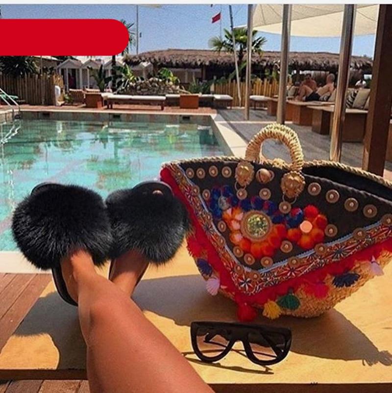 Indoor Fox Fur Slides for Women Eva Soft Sole