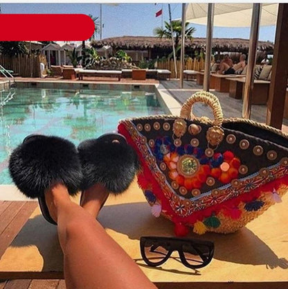 Indoor Fox Fur Slides for Women Eva Soft Sole