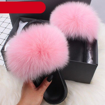 Indoor Fox Fur Slides for Women Eva Soft Sole