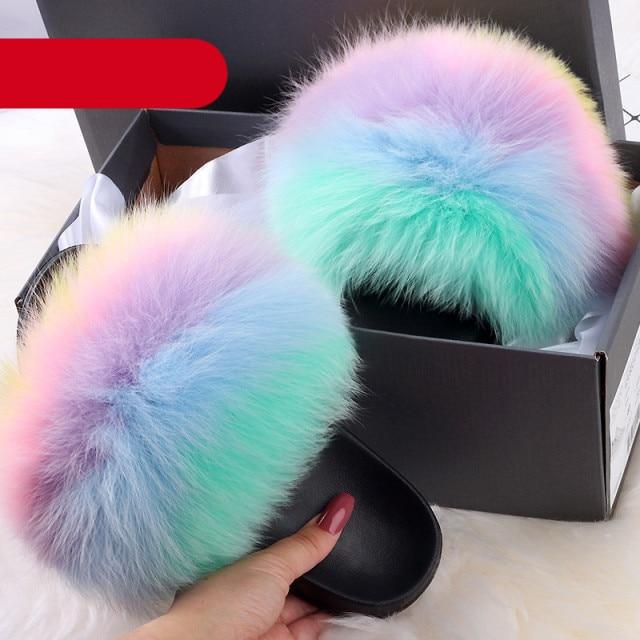 Indoor Fox Fur Slides for Women Eva Soft Sole