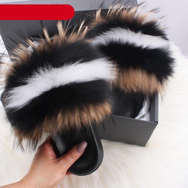 Indoor Fox Fur Slides for Women Eva Soft Sole