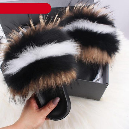 Indoor Fox Fur Slides for Women Eva Soft Sole