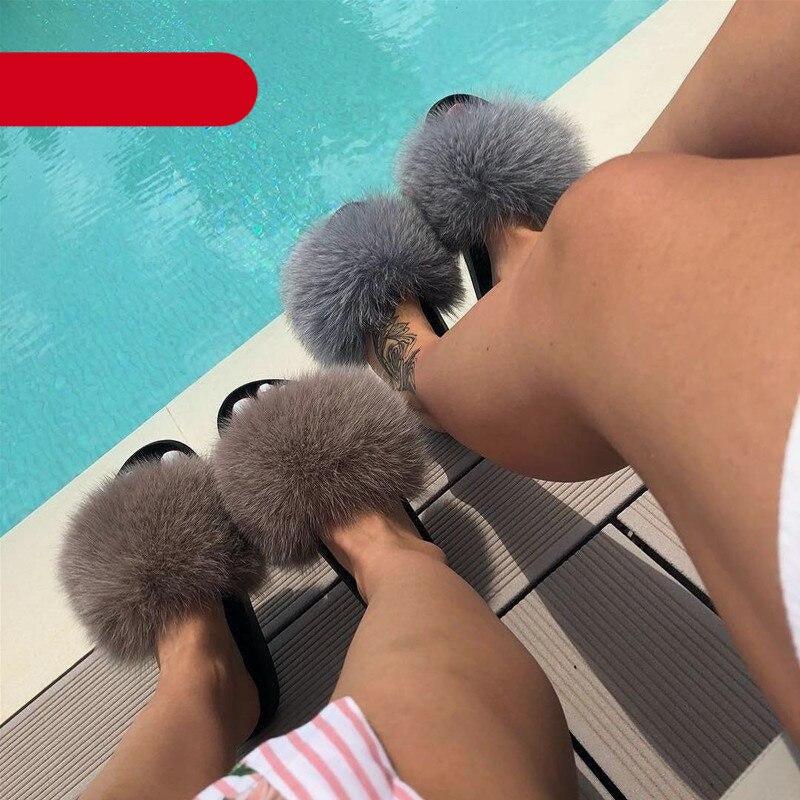 Indoor Fox Fur Slides for Women Eva Soft Sole