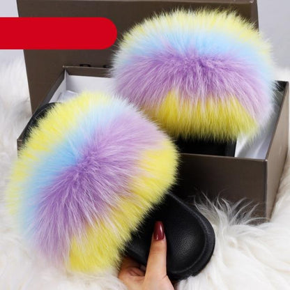 Indoor Fox Fur Slides for Women Eva Soft Sole