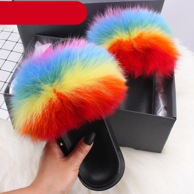 Indoor Fox Fur Slides for Women Eva Soft Sole