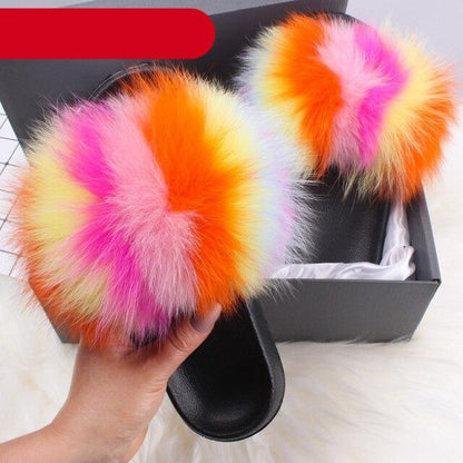 Indoor Fox Fur Slides for Women Eva Soft Sole