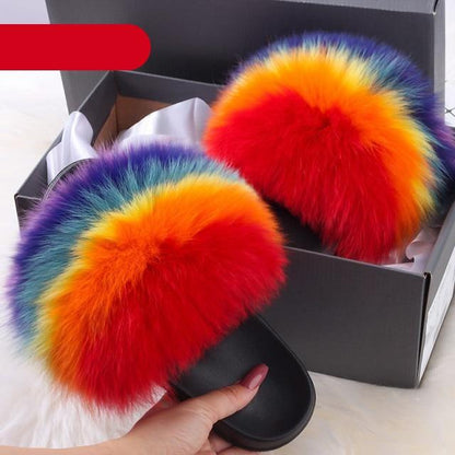 Indoor Fox Fur Slides for Women Eva Soft Sole