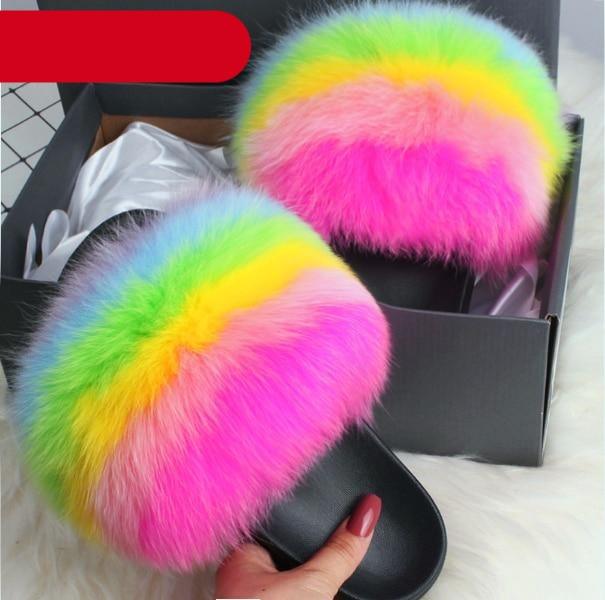 Indoor Fox Fur Slides for Women Eva Soft Sole